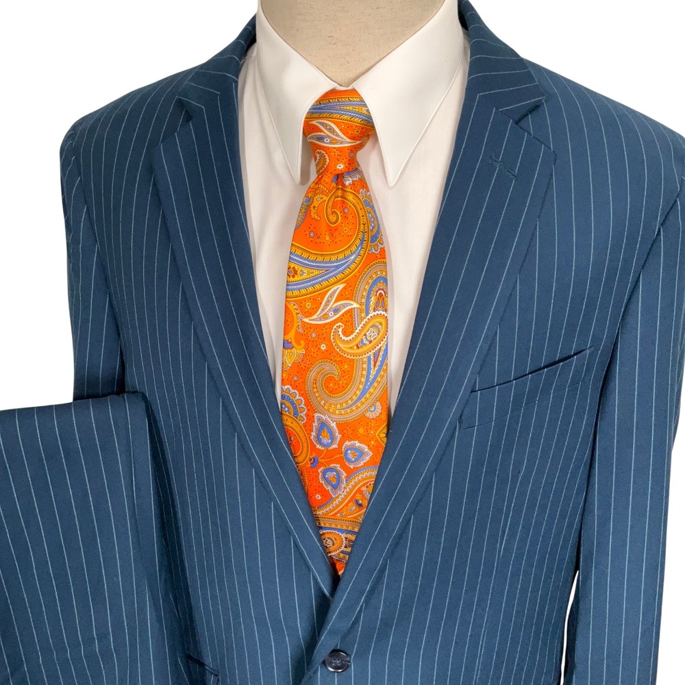 Savile Row Suit Mens 42L Teal Blue Pinstripe Hoxton Corporate British Formal 2pc